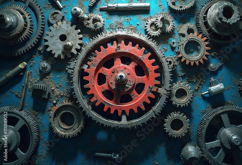 Gears with red broken gear in the center, symbolizing machinery, engineering, or industrial concepts