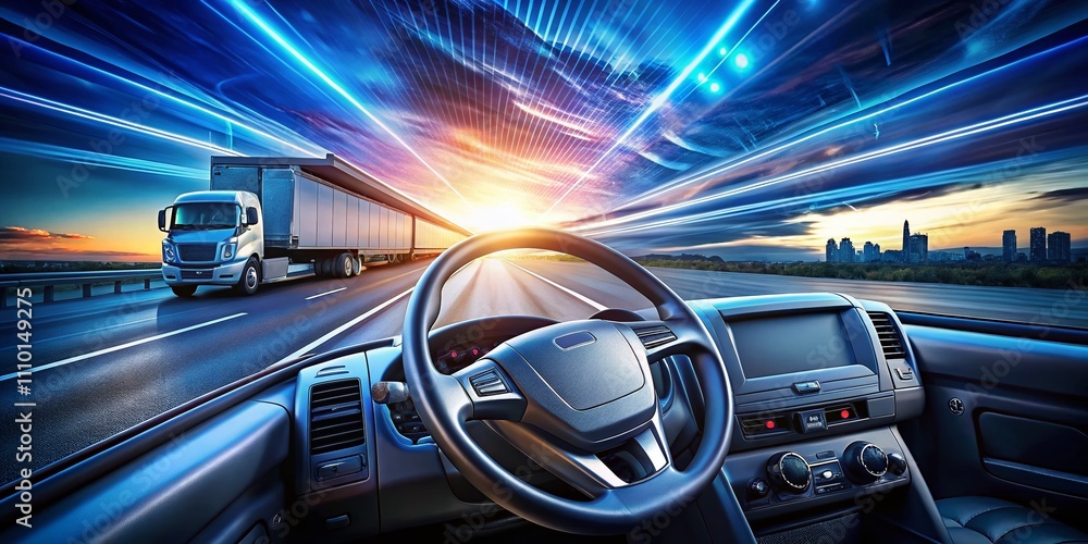 Abstract Background Featuring a Close-Up of a Car Steering Wheel with a Truck in Motion Against a Sky Illuminated by Blue Lights, Capturing the Essence of Dynamic Architectural Photography