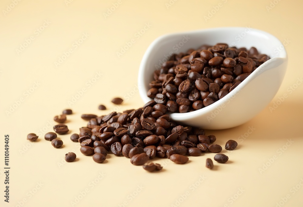 Roasted coffee beans spilled out of a white bowl on a light background Roasted coffee beans spilled out of a white bowl on a light background
