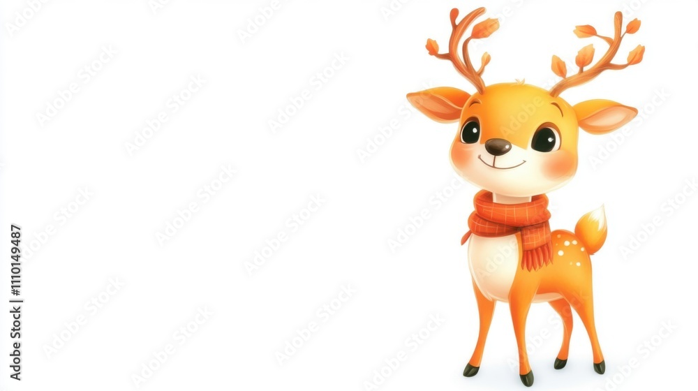 Cute Christmas Deer Character with Scarf on White Background Cute Christmas Deer Character with Scarf on White Background