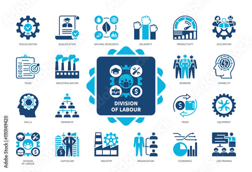 Division of Labour icon set. Specialization, Tasks, Hierarchy, Industrialization, Capability, Workers, Industry, Skills. Duotone color solid icons