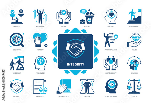 Integrity icon set. Morality, Virtue, Purposefulness, Consciousness, Honesty, Ethics, Principles, Cognition. Duotone color solid icons