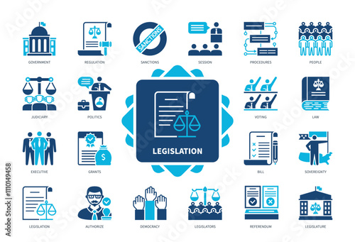 Legislation icon set. Government, Regulation, Voting, Judiciary, Legislature, Democracy, Session, Procedures. Duotone color solid icons