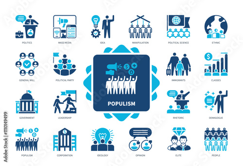 Populism icon set. General Will, Ethnic, Idea, Elite, Ideology, Political Party, Demagogue, Rhetoric. Duotone color solid icons