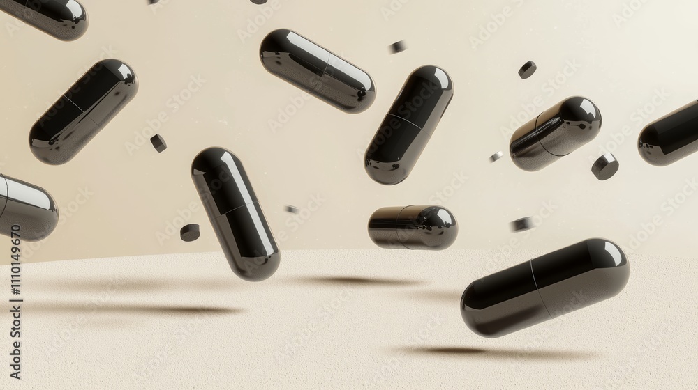 Floating black capsules in minimalist beige background - conceptual medicine and health