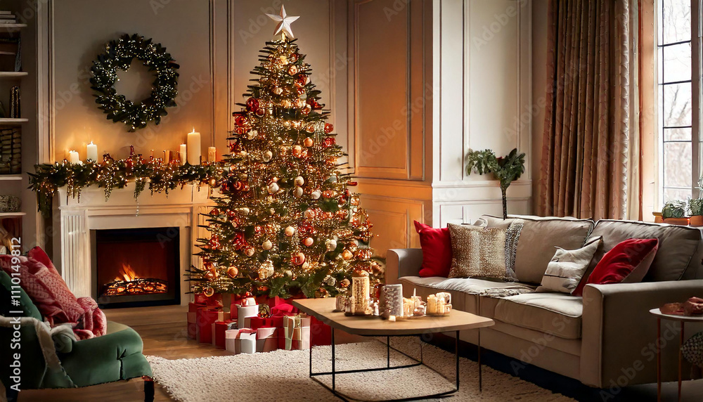 a living room with a fireplace, christmas tree, and a fireplace. a living room with a fireplace, christmas tree, and a fireplace.