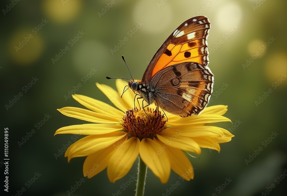 A brown and orange butterfly with spotted wings perched on a yellow flower against a blurred green background A brown and orange butterfly with spotted wings perched on a yellow flower against a blurred green background