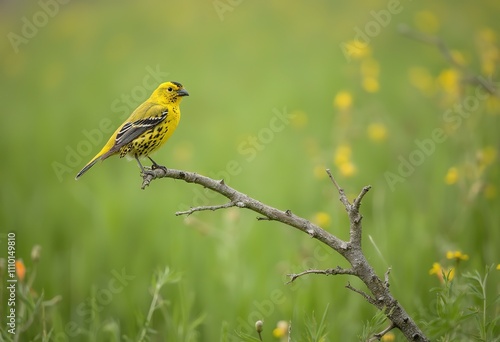 A bright yellow bird with black markings perched on a thin branch against a blurred green background