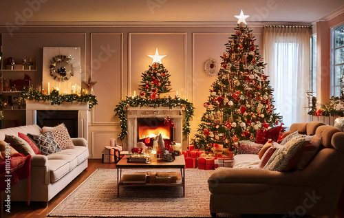 a living room with a fireplace, christmas tree, and a fireplace.