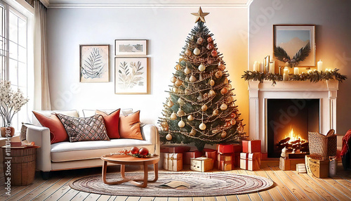 a living room with a fireplace, christmas tree, and a fireplace.