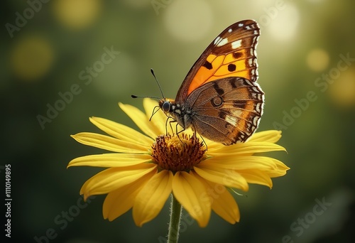 A brown and orange butterfly with spotted wings perched on a yellow flower against a blurred green background