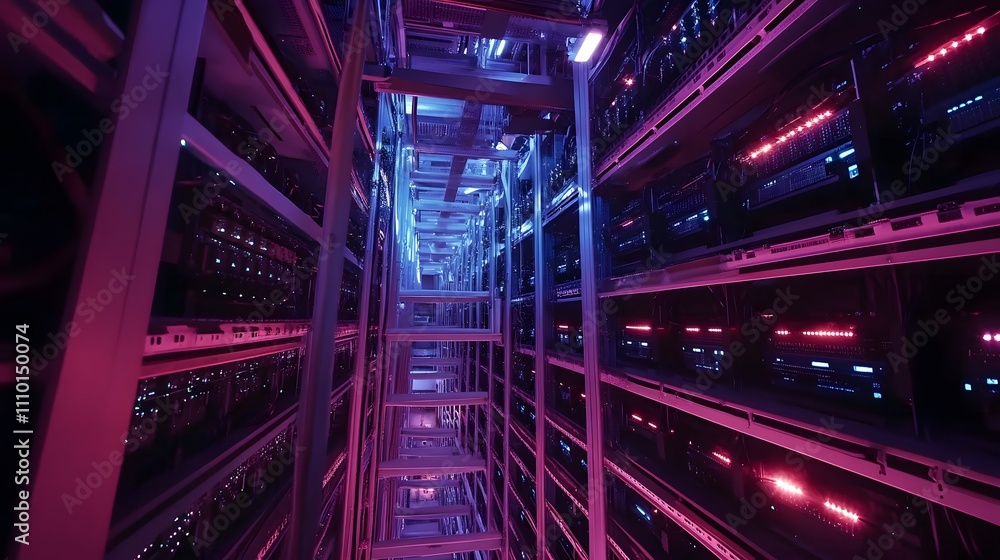Fototapeta premium High-tech data center illuminated with vibrant lights showcasing modern server technology and architecture