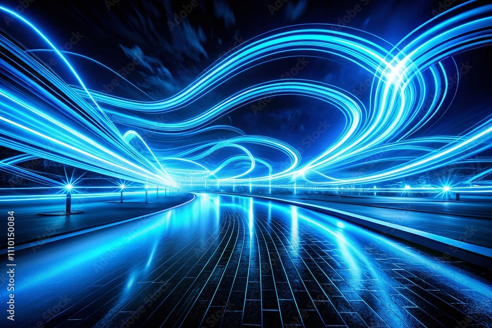 Abstract Blue Neon Light Effect on Black Background Creating Dynamic Speed Illusions for Modern Art and Technology Concepts in a Captivating Landscape Photography Style Abstract Blue Neon Light Effect on Black Background Creating Dynamic Speed Illusions for Modern Art and Technology Concepts in a Captivating Landscape Photography Style