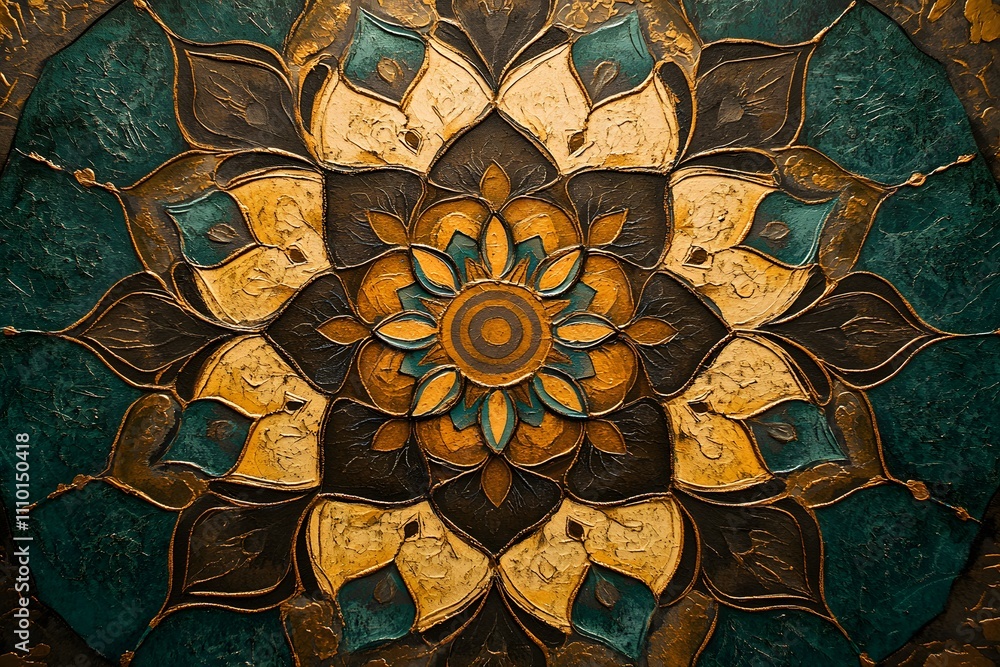 Fototapeta premium Traditional Bulgarian ceramic plate in yellow-blue color. Fragment painting paint ornament photo.