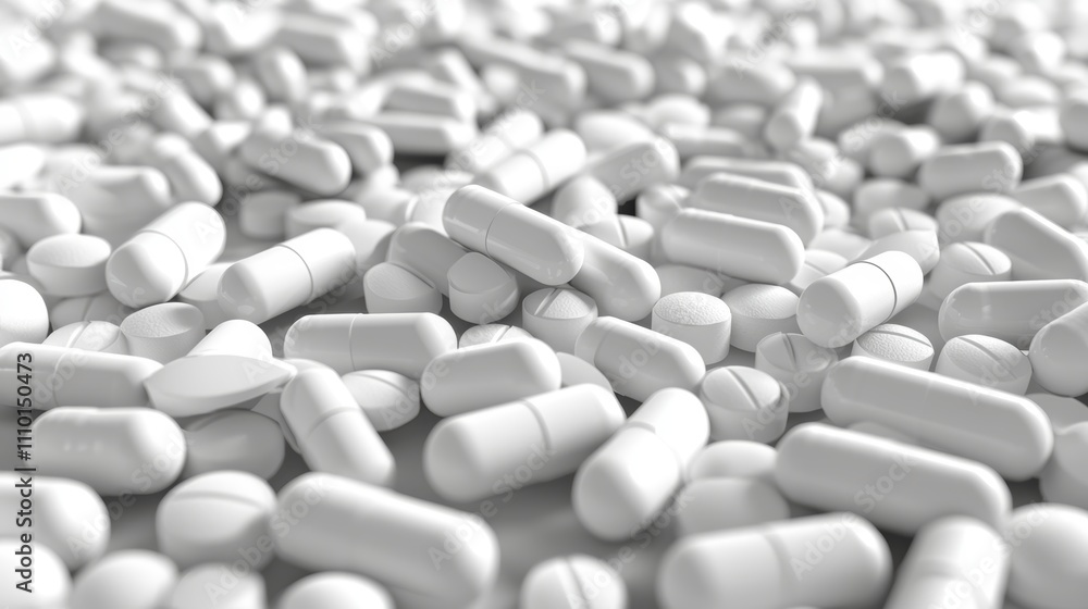 Abundance of white tablets and pills representing healthcare and medicine Abundance of white tablets and pills representing healthcare and medicine