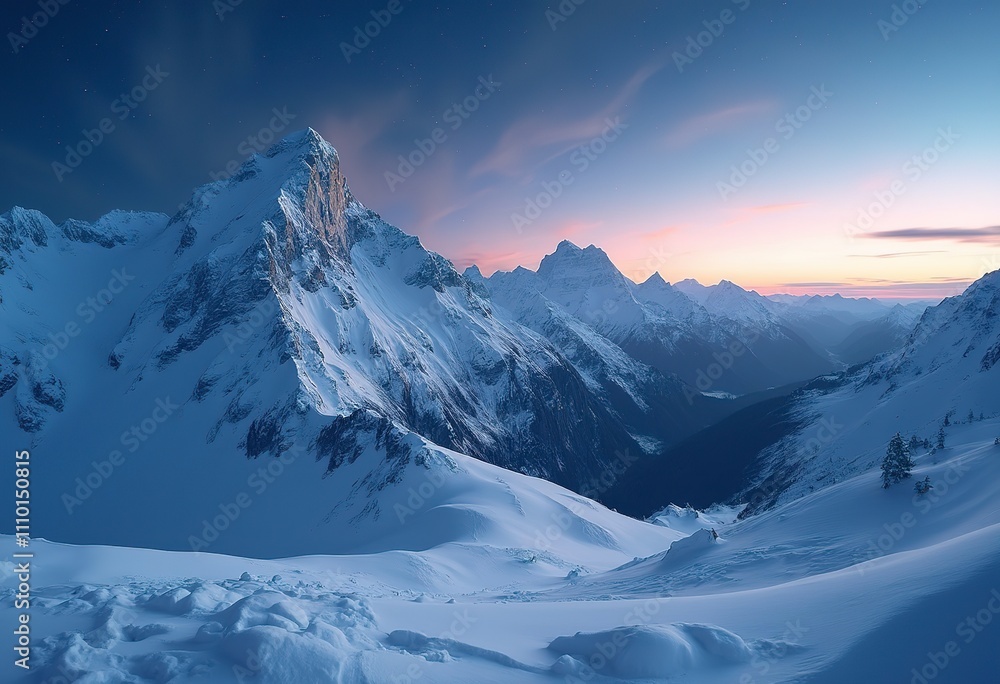 Snowy mountain peaks and glaciers in a winter landscape, with a cloudy sky in the background Snowy mountain peaks and glaciers in a winter landscape, with a cloudy sky in the background