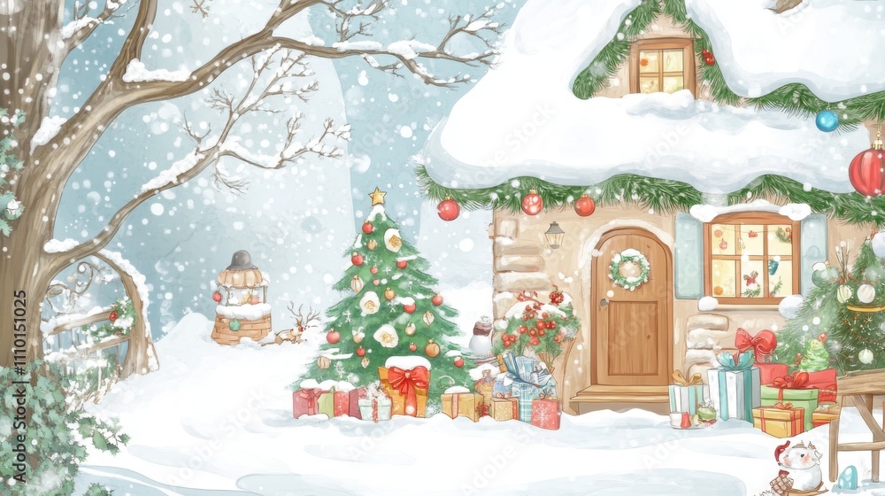 Hand-Drawn Christmas Greeting Card: Snowy Home and Festive Quotes Hand-Drawn Christmas Greeting Card: Snowy Home and Festive Quotes