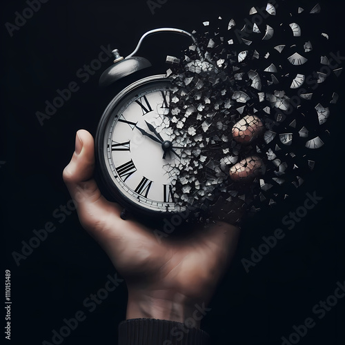 A hand holding a clock fades into pieces on a black background, urging us to live life to the fullest and avoid wasting time. photo