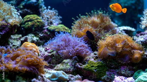 Colorful coral reef ecosystem teeming with vibrant marine life in a shallow aquarium setting