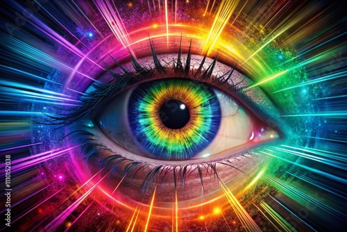 Abstract Human Eye Iris Explosion with Colorful Optical Lines in a Futuristic Technology Concept - 3D Illustration of a Vibrant and Dynamic Eye Design