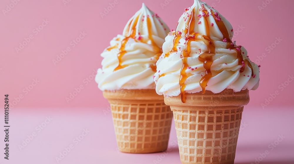 Two ice cream cones topped with swirled cream, caramel drizzle, and sprinkles against a pink background. Two ice cream cones topped with swirled cream, caramel drizzle, and sprinkles against a pink background.