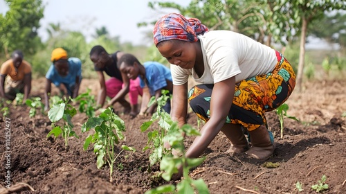 Women planting vegetables in community garden under sunny skies in rural Africa