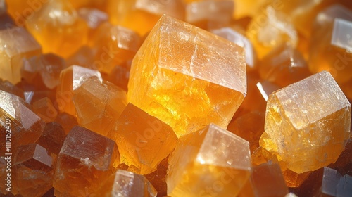 Close-up of vibrant orange calcite crystals shimmering in natural light