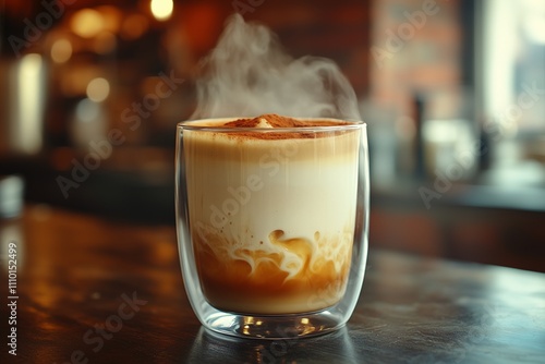 A steaming latte in a glass mug with foam and cinnamon on top.