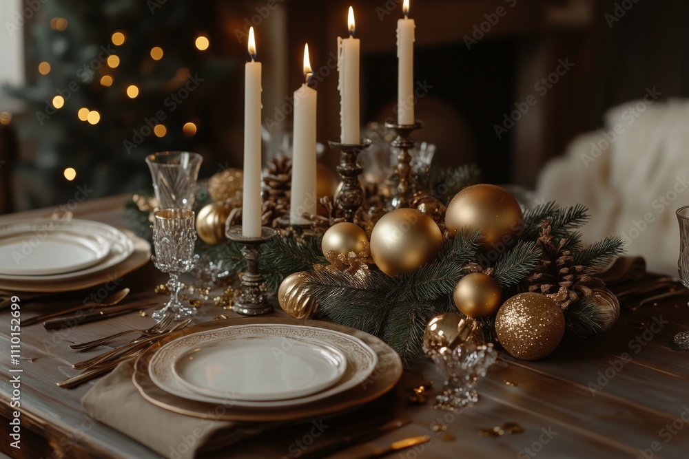 Beautifully decorated New Year's dining table with elegant tableware Beautifully decorated New Year's dining table with elegant tableware