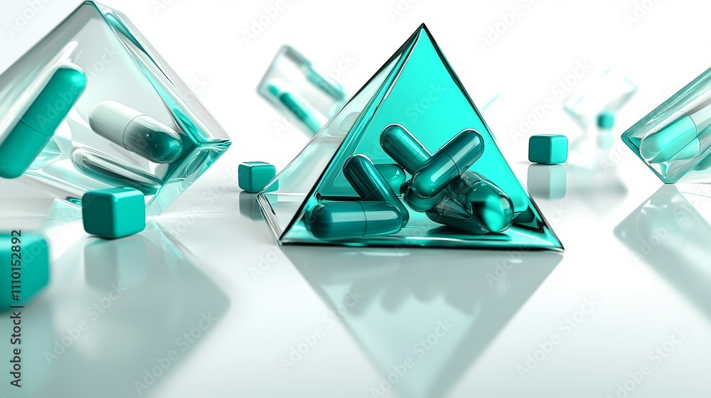 Transparent geometric shapes with capsules inside reflecting modern healthcare design Transparent geometric shapes with capsules inside reflecting modern healthcare design