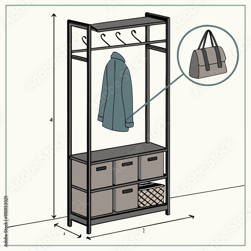 A 3d vector illustration shows a wardrobe interior design with a door, boxes, and a window in a bedroom room
