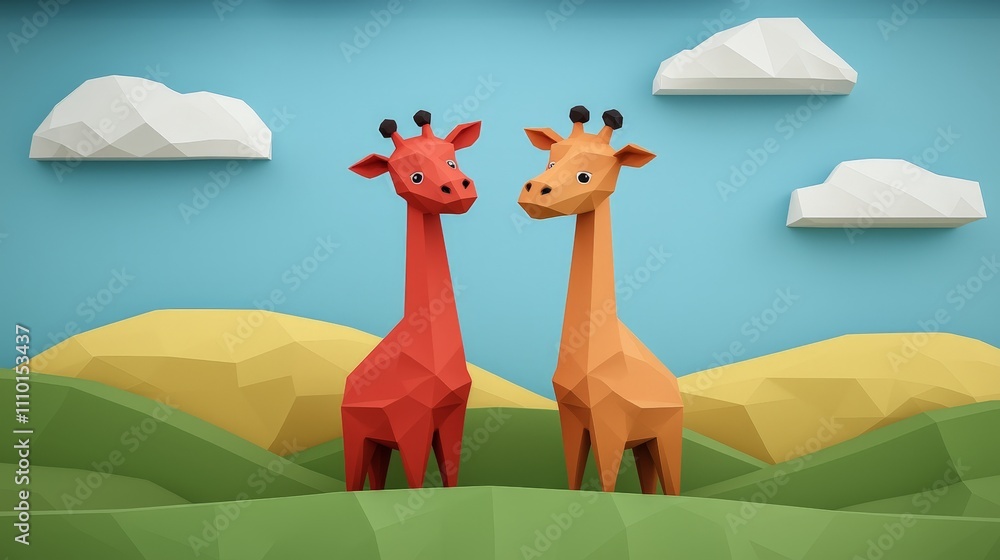 Fototapeta premium Two low-poly giraffes standing on a green hill under a blue sky with clouds.