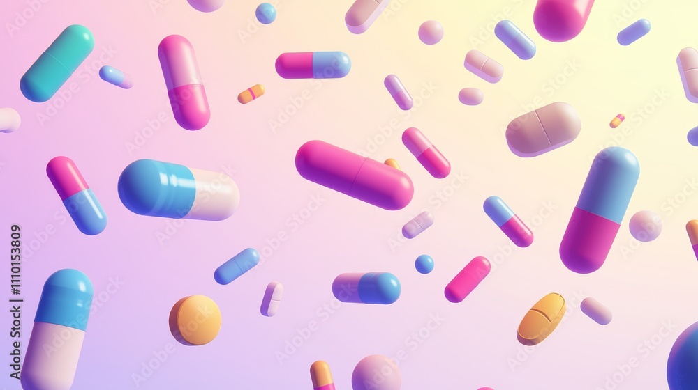 Colorful capsules and pills floating against a soft gradient background Colorful capsules and pills floating against a soft gradient background