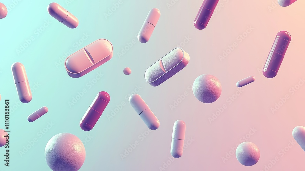 Surreal composition of floating multicolored pills in soft pastel hue background Surreal composition of floating multicolored pills in soft pastel hue background