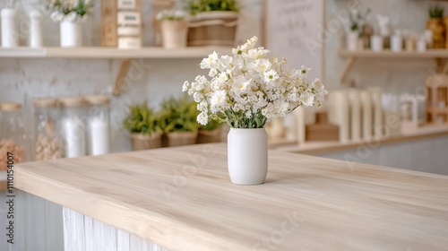 A cozy, rustic interior featuring a wooden countertop with a vase of delicate white flowers, enhancing the warm atmosphere.