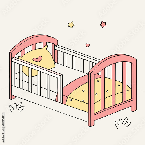 A cozy bedroom illustration with a central bed