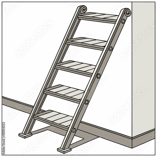 A metal stepladder climbs a 3D wall towards the sky