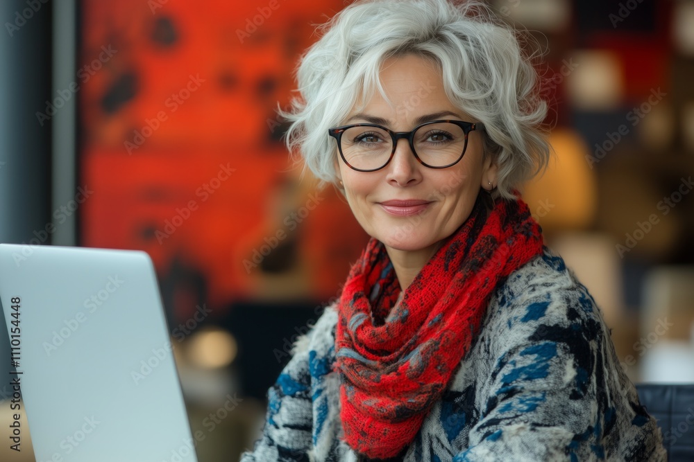 A smiling woman with glasses sits at a laptop, wearing a red scarf. A smiling woman with glasses sits at a laptop, wearing a red scarf.