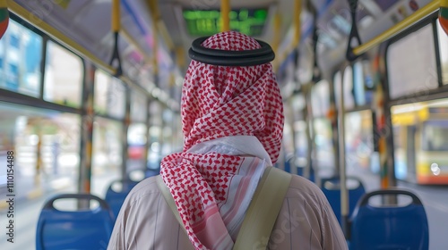 Back view of an Arabic man wearing a Saudi red bisht and white shirt, standing inside a bus at a terminal. photo