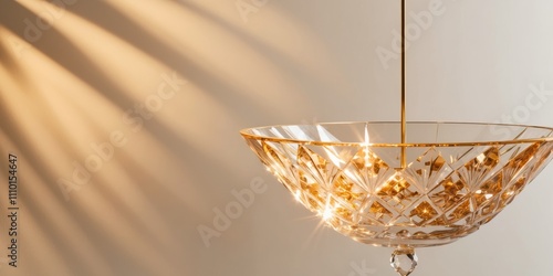 Intricate Crystal Bowl with Sparkling Reflections and Golden Hues Captured in Warm Lighting for Home Decor and Table Setting Inspiration. photo