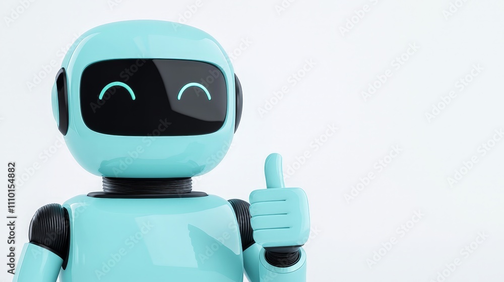 Friendly teal robot giving thumbs up gesture against white background. Friendly teal robot giving thumbs up gesture against white background.