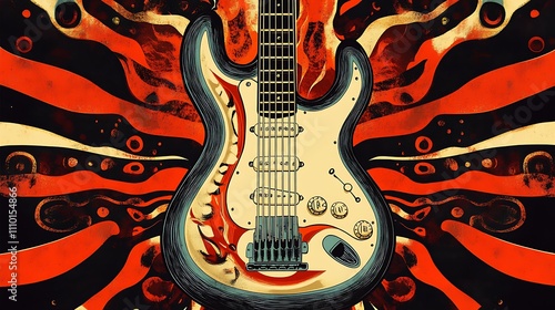 Psychedelic electric guitar with vibrant, swirling background.