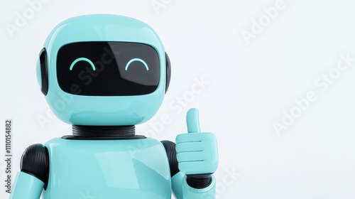 Friendly teal robot giving thumbs up gesture against white background.