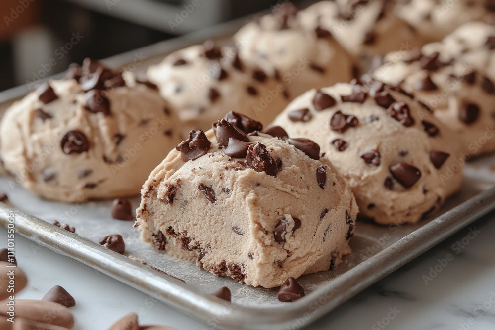 Delicious chocolate chip cookie dough scoops ready for baking. Delicious chocolate chip cookie dough scoops ready for baking.