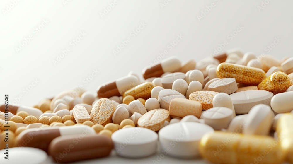Colorful array of mixed pills and capsules on a neutral background Colorful array of mixed pills and capsules on a neutral background