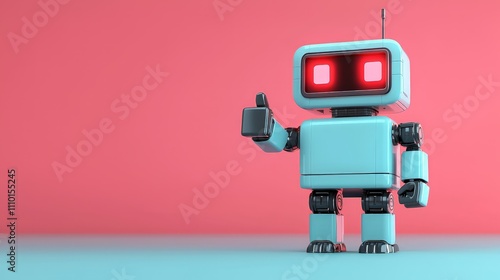 Cute light blue robot giving thumbs up against pink background.