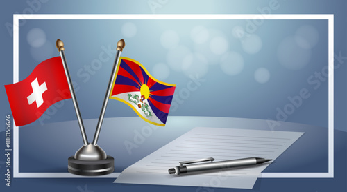 Switzerland and Tibet Small national flag on bokeh background, cooperative relationship