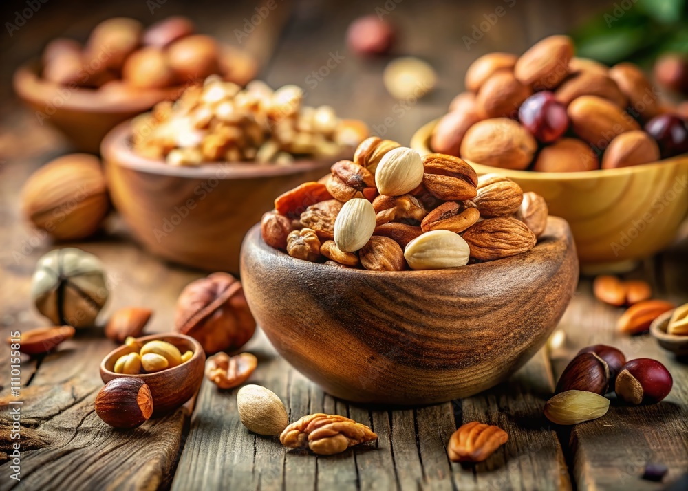 A Close-Up View of Plain Nuts Displayed in a Rustic Wooden Bowl, Highlighting Their Natural Texture and Color, Perfect for Healthy Snack Concepts and Culinary Photography A Close-Up View of Plain Nuts Displayed in a Rustic Wooden Bowl, Highlighting Their Natural Texture and Color, Perfect for Healthy Snack Concepts and Culinary Photography