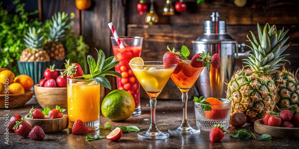 A Colorful Array of Fruity Alcoholic Beverages Showcasing the Art of Mixology with Vibrant Garnishes and Fresh Ingredients, Perfect for Summer Parties and Celebrations A Colorful Array of Fruity Alcoholic Beverages Showcasing the Art of Mixology with Vibrant Garnishes and Fresh Ingredients, Perfect for Summer Parties and Celebrations
