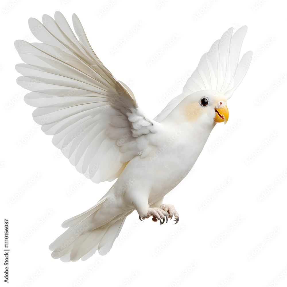 Obraz premium A graceful white bird in mid-flight with outstretched wings against a white isolated background.